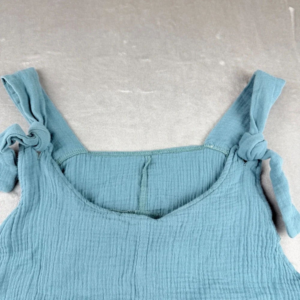 Women's Small Teal Blue Cotton Gauze Romper Tie Shoulder Pocket Jumpsuit